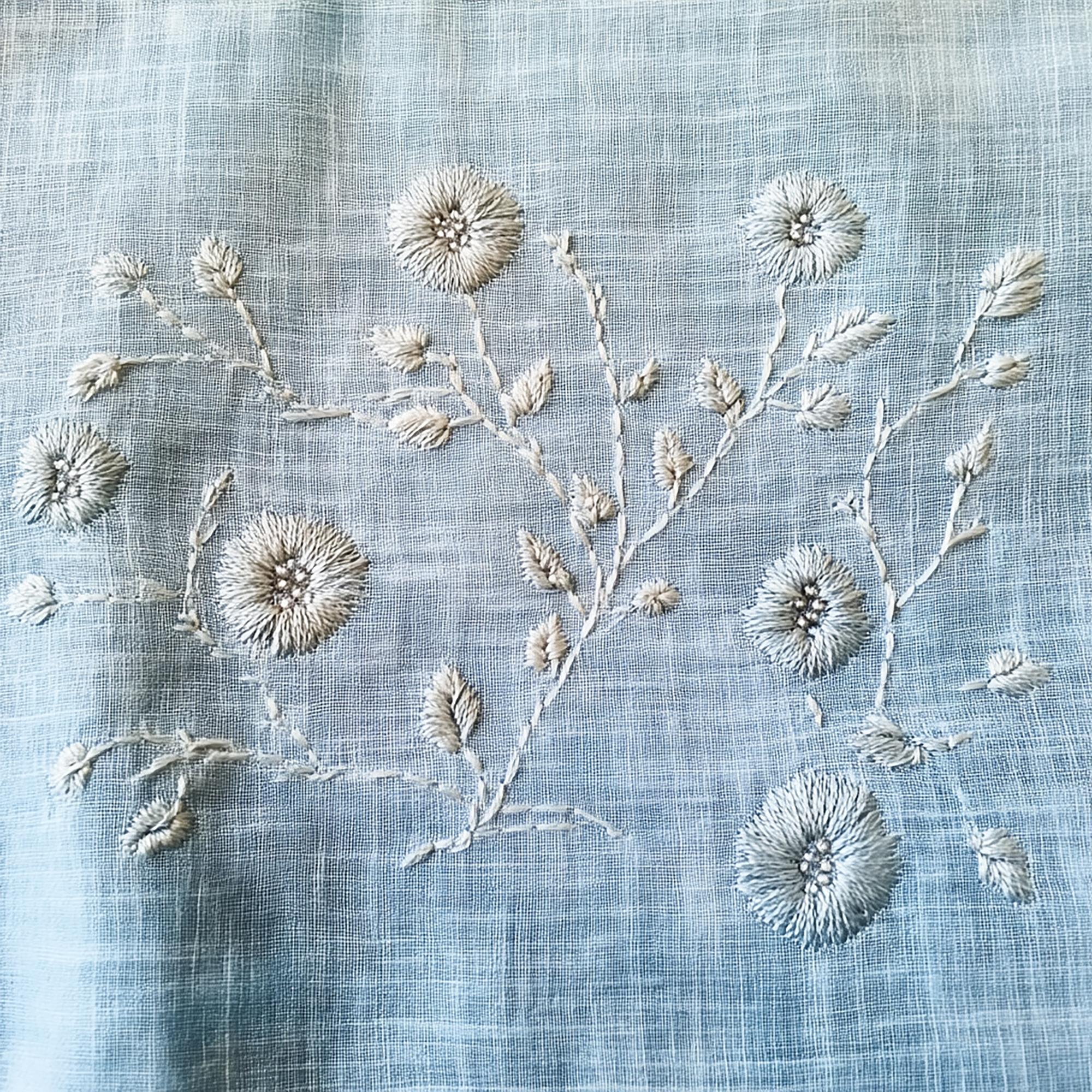 Delicate floral hand embroidery on linen